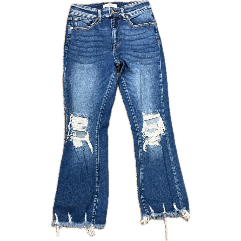 Zenana Women Distressed Flare Jeans Blue Medium Wash Raw Hem High Rise Size 27